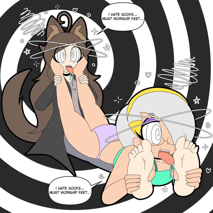 69 ahoge animal_ears bare_legs barefoot brown_hair choker clothed crop_top dazed deejay_(zombi62) drool eyebrows_visible_through_hair eyeshadow fangs feet female_only femsub foot_licking glasses hair_band hair_clips hair_covering_one_eye happy_trance hypnotized_hypnotist jacket kaede_(skecchyartist) long_hair lying open_mouth original panties shirt silver_hair sitting smile spiral_background spiralwash_eyes spread_legs stepped_on tail text tongue tongue_out zombi62