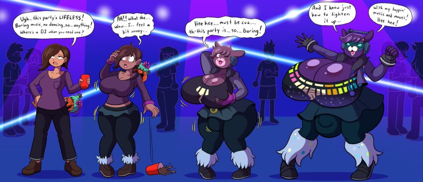 bear_girl breast_expansion breast_grab breasts brown_hair bulge color crop_top dark_skin dialogue dj_bop_(fortnite) english_text femsub fortnite furry futanari futasub glasses gloves happy_trance headphones hyper_breasts leg_warmers leggings miniskirt open_mouth prinnydood purple_skin shoes tagme text transformation