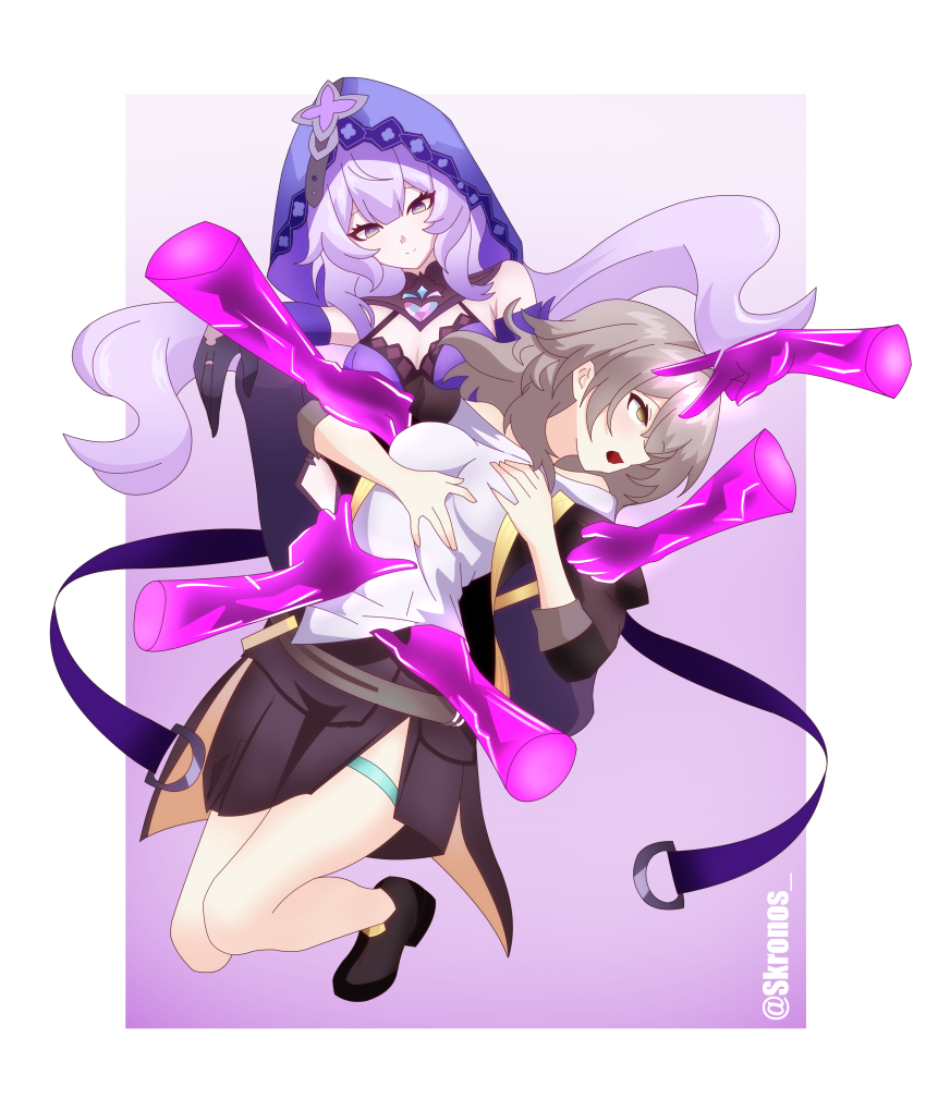 absurdres bare_legs black_swan_(honkai_star_rail) breast_grab breast_press breasts empty_eyes english_text female_only femdom femsub finger_to_forehead grey_hair holding_breasts honkai_star_rail kronobas28 legs long_hair open_mouth phantom_hand purple_background purple_hair simple_background stelle_(honkai_star_rail) text yuri