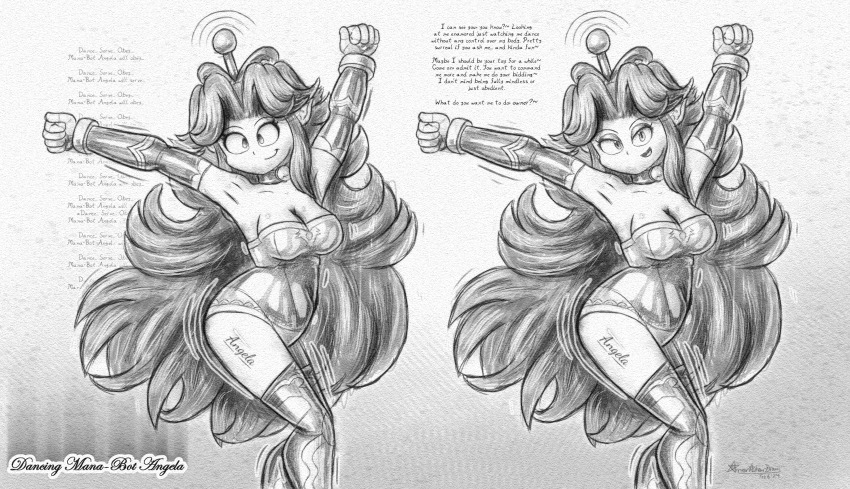 absurdres altered_common_sense alternate_costume ameerashourdraws angela_(mana) antenna aware boots breasts cleavage crown drone dronification empty_eyes female_only fembot femsub gloves latex leotard long_hair looking_at_viewer mana_(series) mantra monochrome robotic_trance seductive_smile simple_background sketch smile square_enix text
