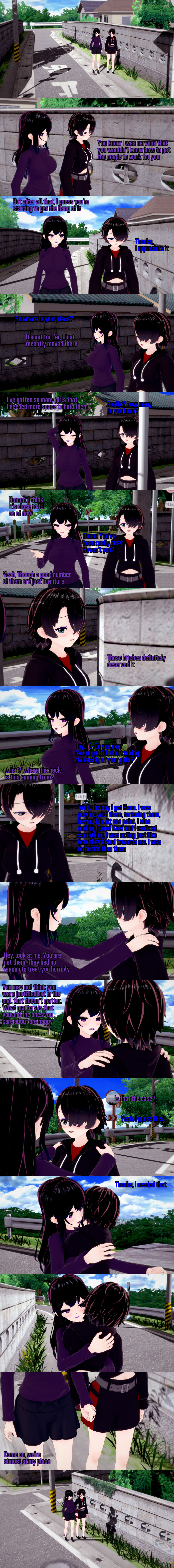 absurdres aware black_hair blue_eyes closed_eyes clothed dialogue english_text female_only hair_covering_one_eye holding_hands hug kurai_(witch) long_hair multiple_girls ophelia's_dollhouse ophelia_(ophelia's_dollhouse) purple_eyes short_hair text witch_(mad_jacks) zenin1