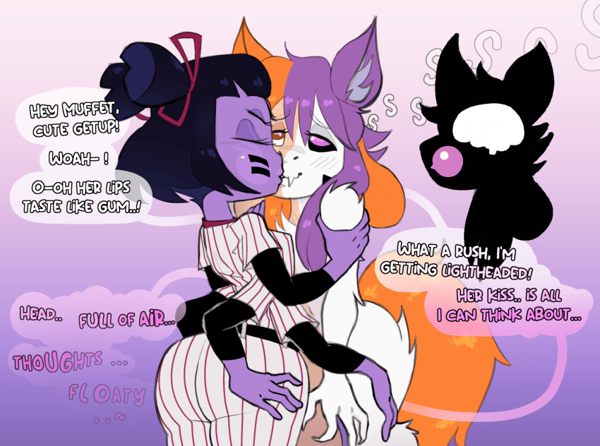 animated animated_gif baseball black_hair brain brain_drain brain_injection bubble bubble_gum dialogue eye_color_change eye_roll femdom glowing_eyes gradient_background hair_ribbon hypnotic_kiss j8-bit_(cakebatterbossmonster) kissing muffet multicolored_hair multiple_arms original pink_eyes purple_skin short_hair spider_girl thebonezonedeluxe thought_bubble undertale x-ray