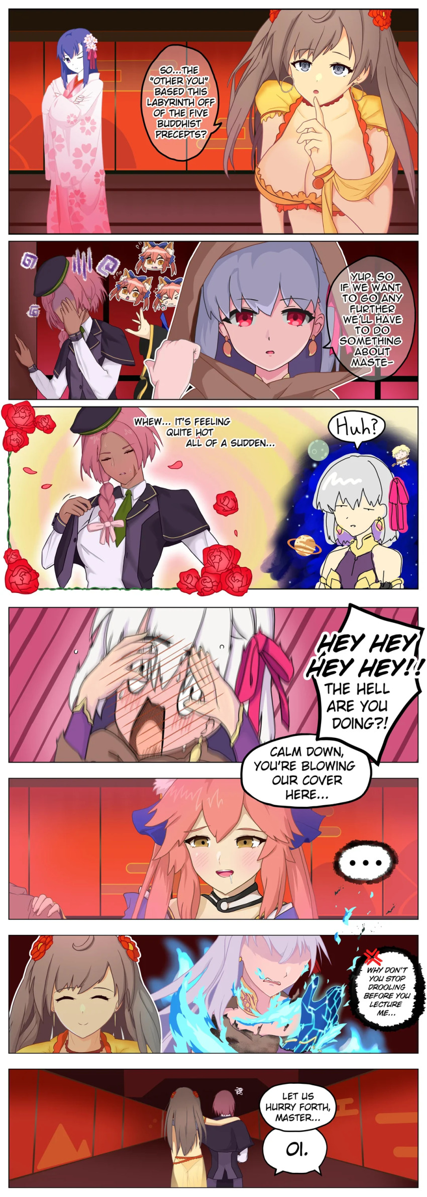 absurdres age_progression ass blue_eyes border braid breasts brown_hair chibi cleavage closed_eyes comic dancer dialogue dress earrings english_text eyebrows_visible_through_hair fate/grand_order fate_(series) femsub flower_in_hair growth hair_growth hair_ornament hair_ribbon hat hood jewelry kama_(fate/grand_order) keianna_(giopp_dumister) kimono lady_kasuga large_breasts long_hair magic mata_hari_(fate/grand_order) meme multiple_girls multiple_subs one_eye_open open_mouth pink_hair purple_eyes purple_hair red_eyes ribbon scar see-through shirt short_hair smile speech_bubble spiral spiral_background sweat tamamo_no_mae tetranort text tie undressing voyager_(fate) white_hair yellow_eyes