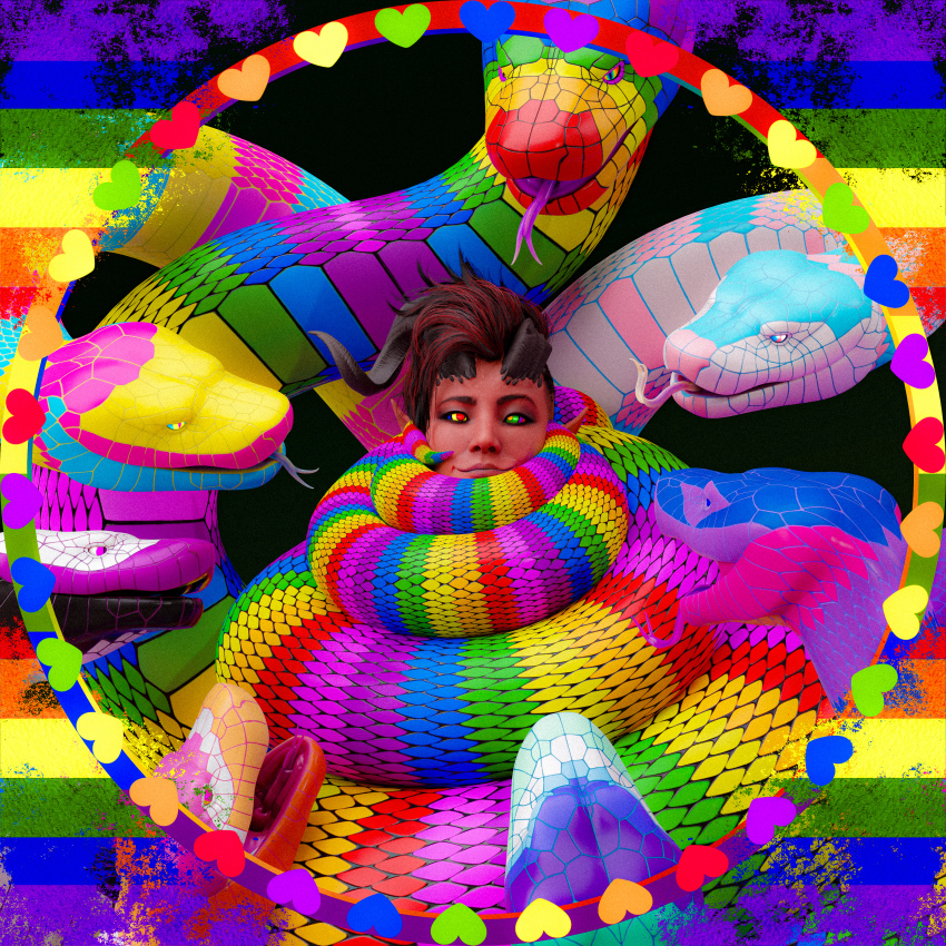 asexual baldur's_gate bisexual black_hair femsub glowing_eyes happy_trance horns hypnotic_eyes itsybitsystories karlach multicolored_hair multiple_doms original paint pansexual pride_colors rainbow_eyes red_hair red_skin smile transgender_identity unfocused_eyes yaoi yuri