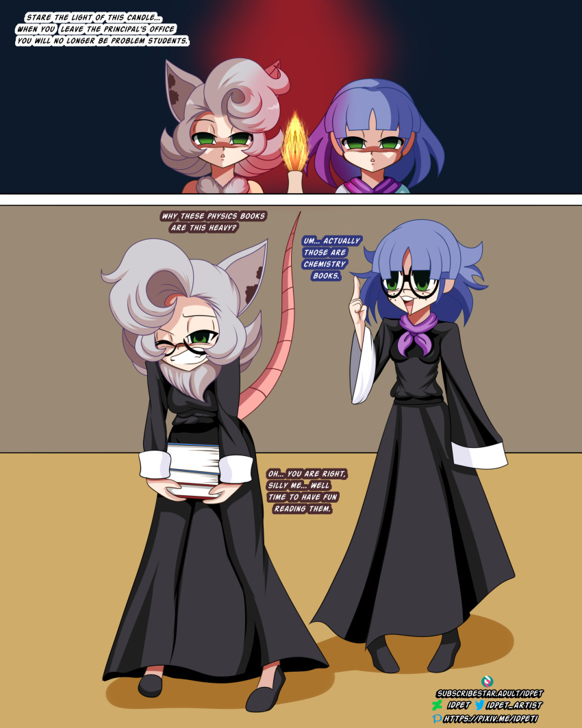 before_and_after blue_hair candle cat_ears comic english_text femsub green_eyes humor hypnotic_fire idpet nerdification parody student text