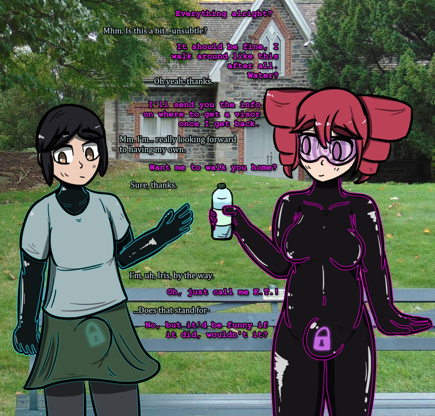 aware black_hair bodysuit bottle brown_eyes bulge clothed collarbone consensual drill_hair drone dronification eyebrows_visible_through_hair female_only femdom femsub glowing good_sub_conditioning happy_trance hypnotized_hypnotist iris_azure latex null_bulge original outdoors purple_eyes red_hair shirt short_hair skirt smile spiral standing tech_control teto_kasane text thighhighs tight_clothing trance_delightful transfem transgender_identity visor vocaloid water wholesome