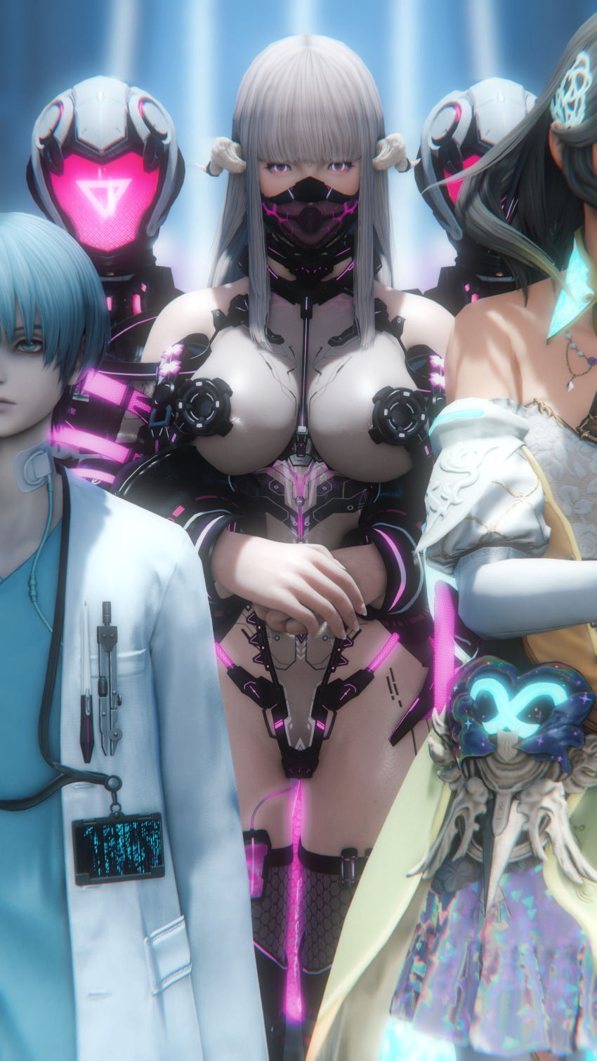 3d amysheep0025 arm_warmers au_ra ball_gag bare_shoulders before_and_after black_hair blue_hair breasts cables dragon_girl dress empty_eyes face_mask femdom femsub final_fantasy final_fantasy_xiv gag glowing_eyes horns lab_coat large_breasts leotard multiple_girls pasties pink_eyes robot robotization see-through standing straight-cut_bangs thighhighs unhappy_trance vibrator white_hair wires