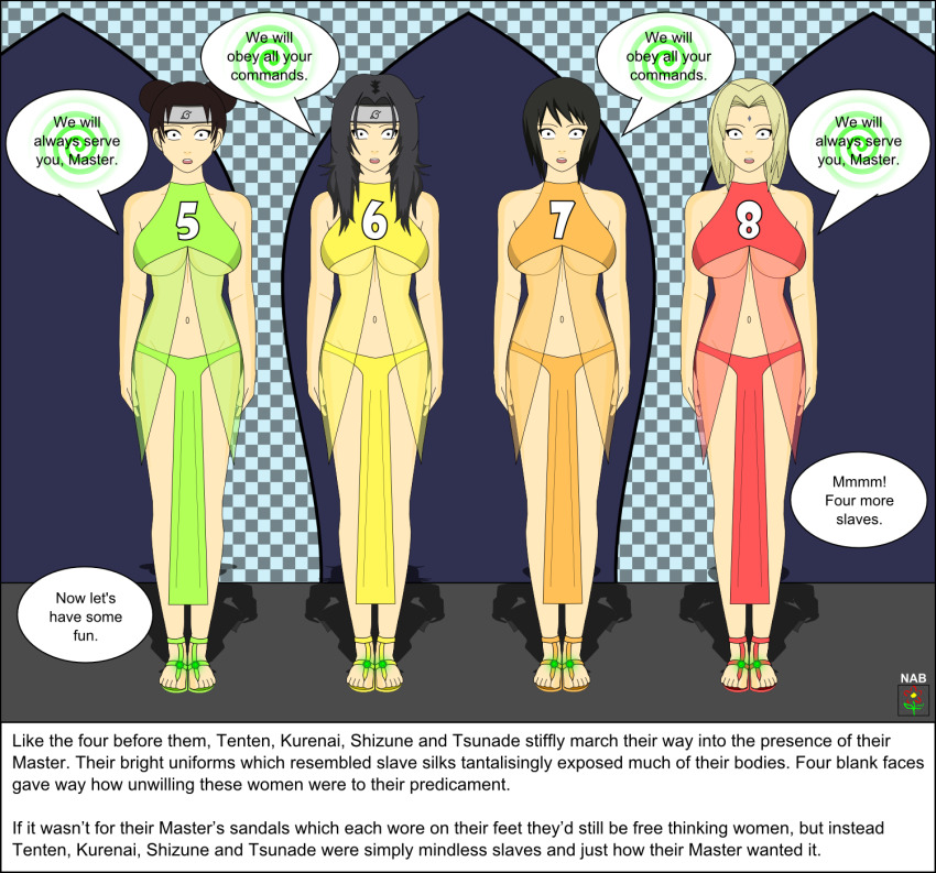 breasts dialogue empty_eyes femsub kurenai_yuhi large_breasts multiple_girls multiple_subs nabs001 naruto_(series) sandals shizune spiral tenten text tsunade