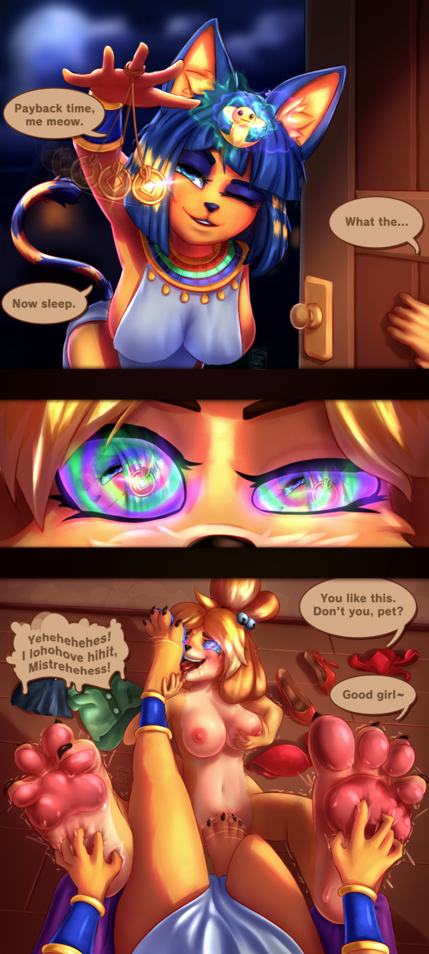 animal_crossing ankha_(animal_crossing) bottomless cat_girl dog_girl feet female_only femdom femsub foot_licking foot_worship furry isabelle_(animal_crossing) nintendo nude pawtnoodle pendulum sleep_command sleepy spiral_eyes tagme tickling topless