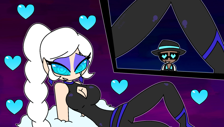 bare_shoulders black_hair blue_eyes boots cleavage_cutout consensual dark_skin earrings eyebrows_visible_through_hair eyeshadow fedora femsub flynt_coal fur_coat happy_trance heart heart_eyes hypnoscream large_breasts latex leotard looking_at_viewer love maledom posing ring_eyes rwby scar side_ponytail simple_background sitting smile sunglasses thighhighs weiss_schnee white_hair wide_hips