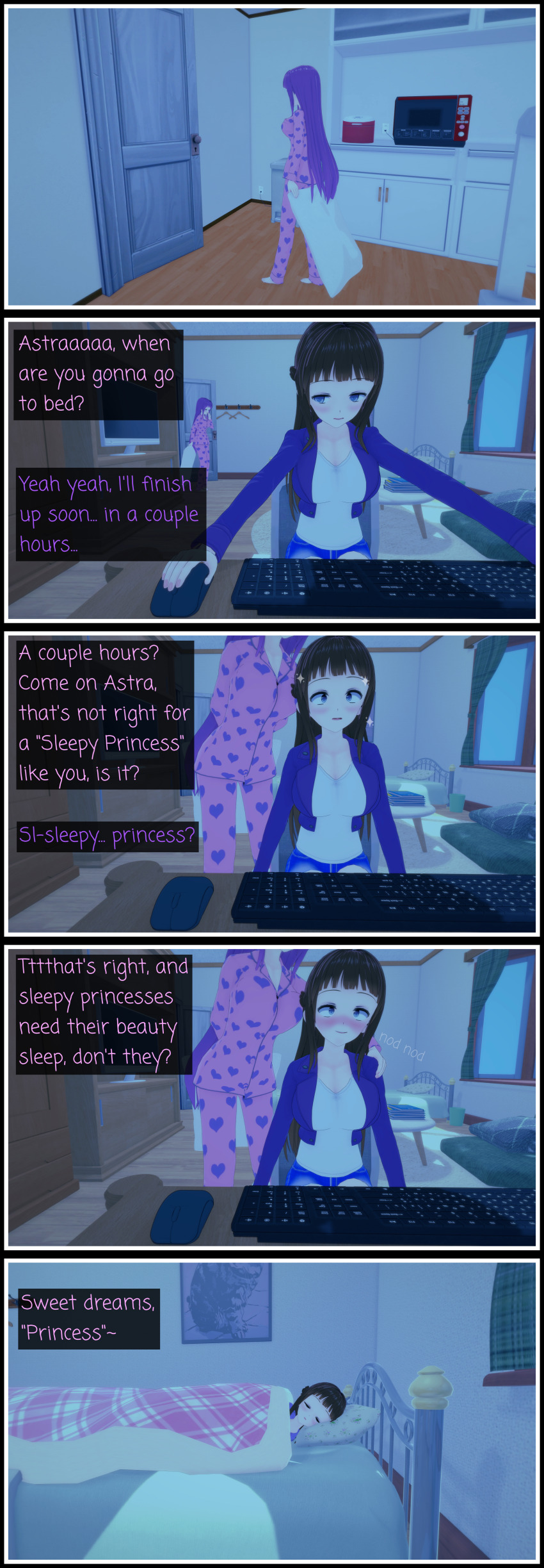 3d astra_(lunastra) brown_hair comic english_text femdom femsub koikatsu! luna_(lunastra) lunastra original pink_hair sleep_command sleeping sleepy text trigger wholesome
