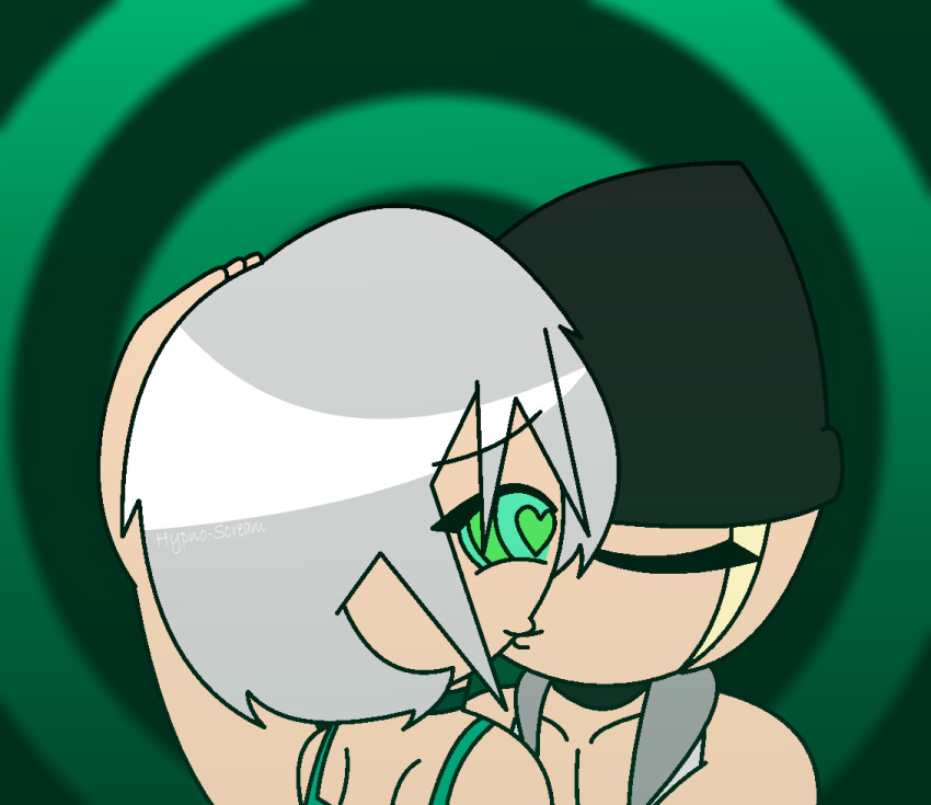 aged_up bare_shoulders beanie blonde_hair choker closed_eyes collarbone disney eyebrows_visible_through_hair final_fantasy_viii green_background green_eyes hand_on_head happy_trance heart heart_eyes hypnoscream hypnotic_kiss kingdom_hearts kissing love maledom malesub open_clothes pride_colors riku ring_background ring_eyes seifer_almasy short_hair silver_hair square_enix tank_top yaoi