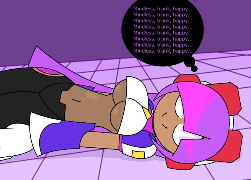 arm_warmers capcom dark_skin female_only femsub happy_trance hypnoscream large_breasts layer long_hair looking_at_viewer lying mantra megaman_x_(series) navel pants purple_background purple_hair shiny_hair shiny_skin smile solo speech_bubble text underboob whitewash_eyes wide_hips