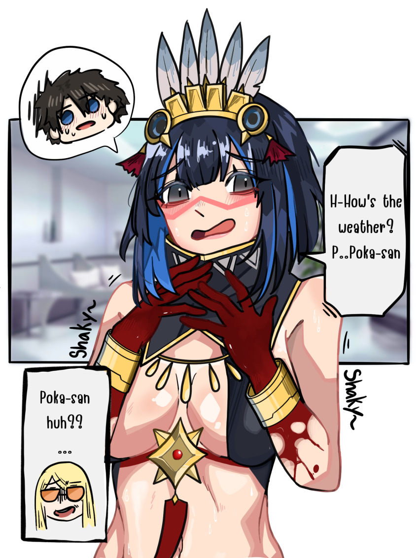 bare_shoulders black_eyes black_hair blonde_hair blue_eyes blue_hair blush border breasts dialogue embarrassed empty_eyes english_text eyebrows_visible_through_hair fate/grand_order fate_(series) femsub gloves maledom may4day midriff multicolored_hair navel possession ritsuka_fujimaru_(male) short_hair speech_bubble sunglasses sweat text tezcatlipoca_(fate) tlaloc_(fate) trembling