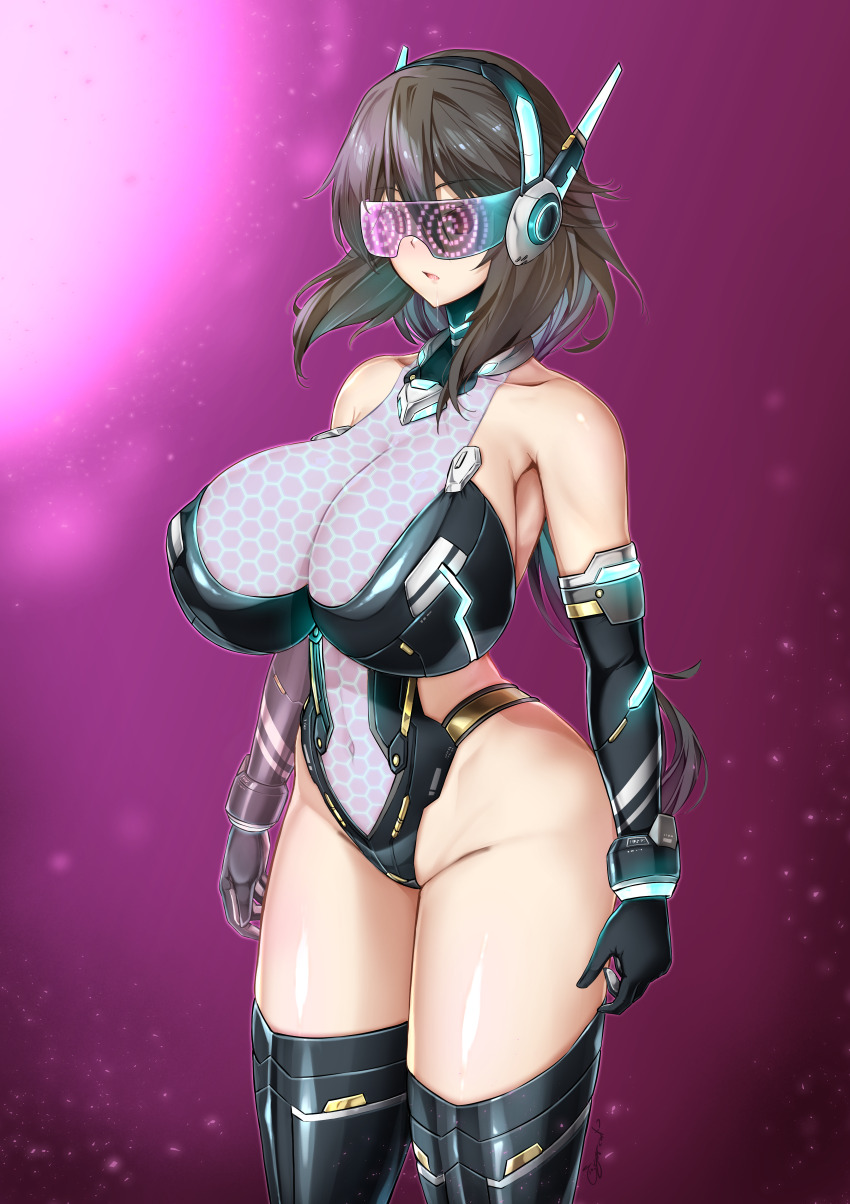 absurdres black_hair breasts cigarcat female_only femsub headphones huge_breasts infinite_stratos long_hair navel open_mouth orimura_chifuyu ponytail see-through solo spiral_eyes standing tech_control thighhighs visor