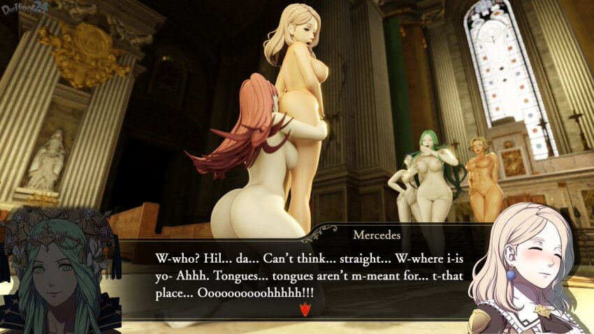 3d breasts catherine_(fire_emblem) dochaunt english_text femdom femsub fire_emblem fire_emblem_three_houses hilda_valentine_goneril hypnotized_hypnotist mercedes_von_martritz nintendo nipples nude rhea_(fire_emblem_three_houses) shamir_nevrand text yuri