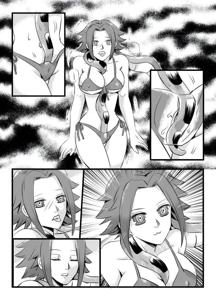 bikini breasts code_geass coils comic crotch_rub greyscale happy_trance hypnotic_eyes kaa kaa_eyes kallen_stadtfeld large_breasts nilanandita the_jungle_book