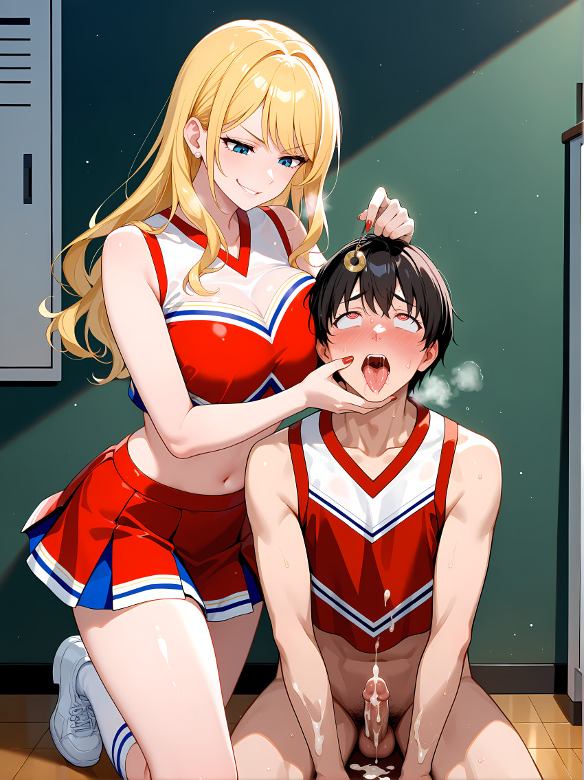 absurdres ahegao ai_art alphahelix_(generator) bare_legs bare_shoulders blonde_hair blue_eyes blush bottomless breasts brown_hair cheerleader chin_hold clothed crop_top crossdressing cum cum_on_body cum_on_clothes drool earrings erection eye_roll femdom feminization hand_on_another&#039;s_cheek hand_on_head handsfree_ejaculation kneeling large_breasts legs locker_room long_hair malesub midriff nail_polish navel open_mouth orgasm panting pendulum penis red_eyes ring_eyes short_hair skirt smile smirk sneakers socks stable_diffusion_(ai) symbol_in_eyes tongue tongue_out uniform