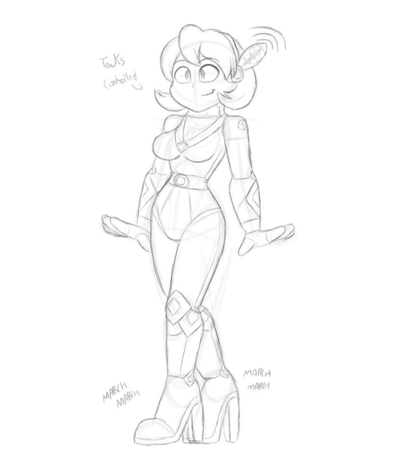ameerashourdraws antenna belt boots collarbone eyebrows_visible_through_hair female_only fembot femsub gloves happy_trance high_heels hypnotized_walking legs leotard robotic_trance sea_of_stars short_hair simple_background smile solo teaks text thighs white_background wide_hips