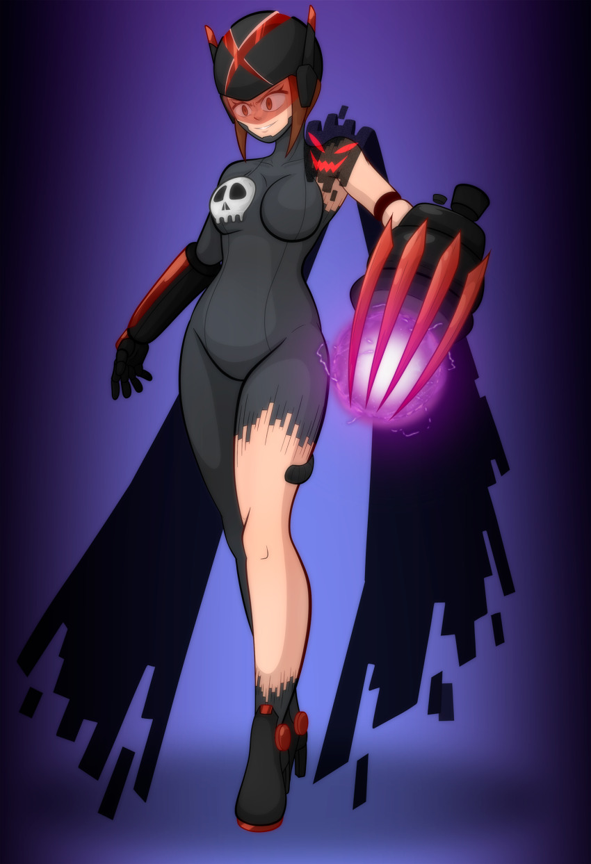 bodysuit brown_hair corruption digimon digimon_adventure_02 disguised_hypnotist empty_eyes femsub helmet kari_kamiya ladydevimon ladydevimon_x robotization smile smirk solo tagme tech_control visor weapon