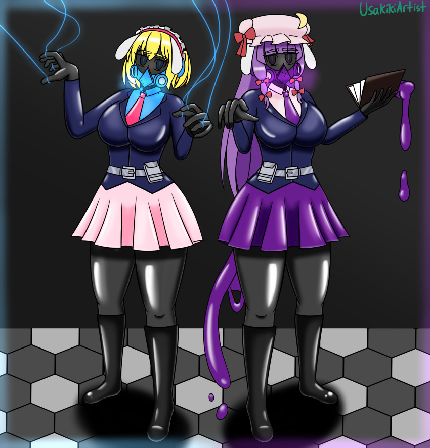 alice_margatroid animal_ears belt belted_skirt blonde_hair blue_eyes bodysuit book boots gas_mask hat headband headphones latex long_hair patchouli_knowledge puppet purple_eyes purple_hair ribbon short_hair skirt slime tie touhou uniform usakiki