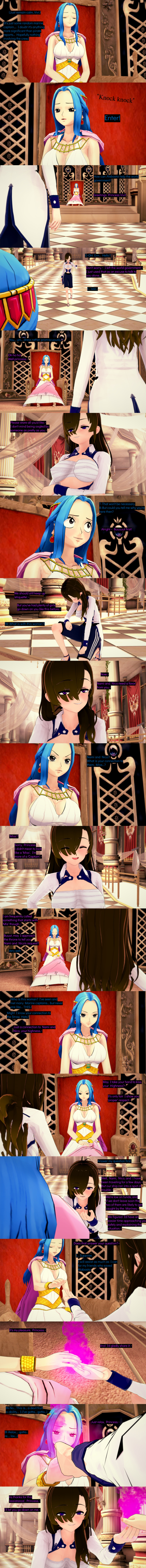 3d absurdres black_eyes blue_hair brown_hair clothed cyanstargazer dialogue english_text female_only femdom femsub glowing hypnotic_hands hypnotic_touch kneeling long_hair multiple_girls nefertari_vivi one_piece purple_eyes text