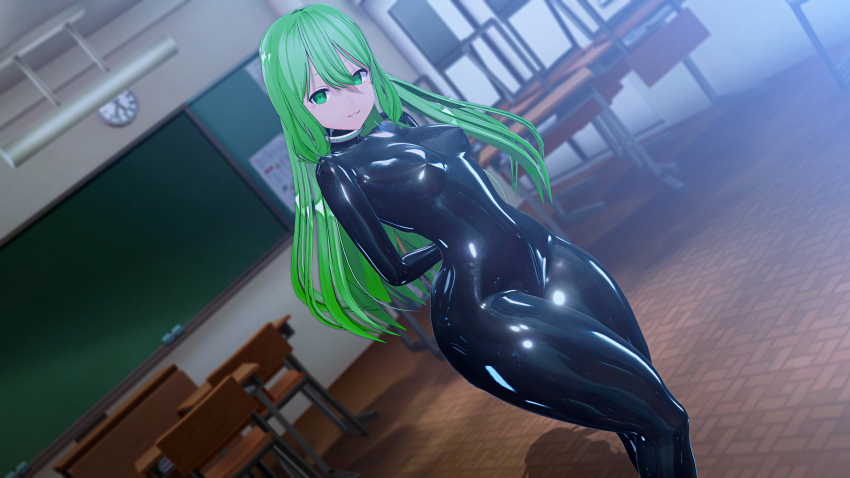 3d arms_behind_back blackboard bodysuit catsuit classroom collar custom_maid_3d_2 empty_eyes female_only femsub green_eyes green_hair latex long_hair looking_at_viewer nyorohsb rubber small_breasts smile standing tech_control tight_clothing very_long_hair wide_hips