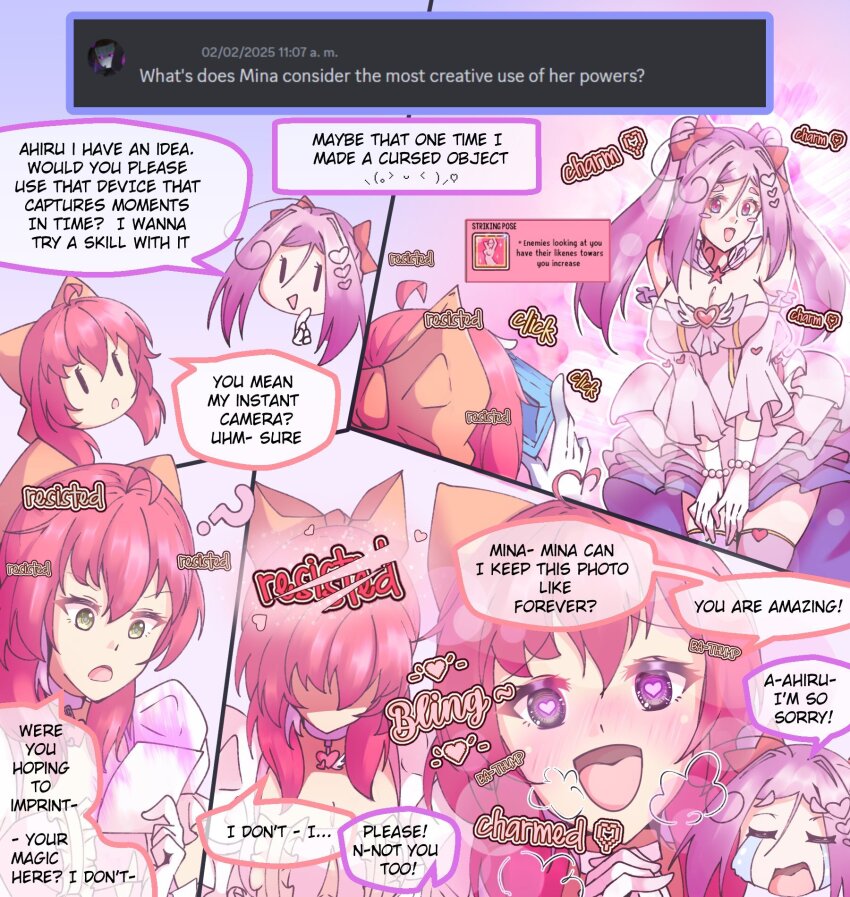 accidental_hypnosis ahiru_(gojulas) black_eyes black_sclera blush breasts camera charm_(spell) cleavage closed_eyes clothed comic confused dialogue dress english_text female_only femdom femsub gloves glowing_eyes gojulas green_eyes happy_trance heart heart_eyes hypnotic_object large_breasts leaning_forward long_hair looking_at_viewer mina_(gojulas) open_mouth original pink_hair purple_hair red_eyes red_hair resisting skirt smile speech_bubble symbol tears text weak_resistance yuri