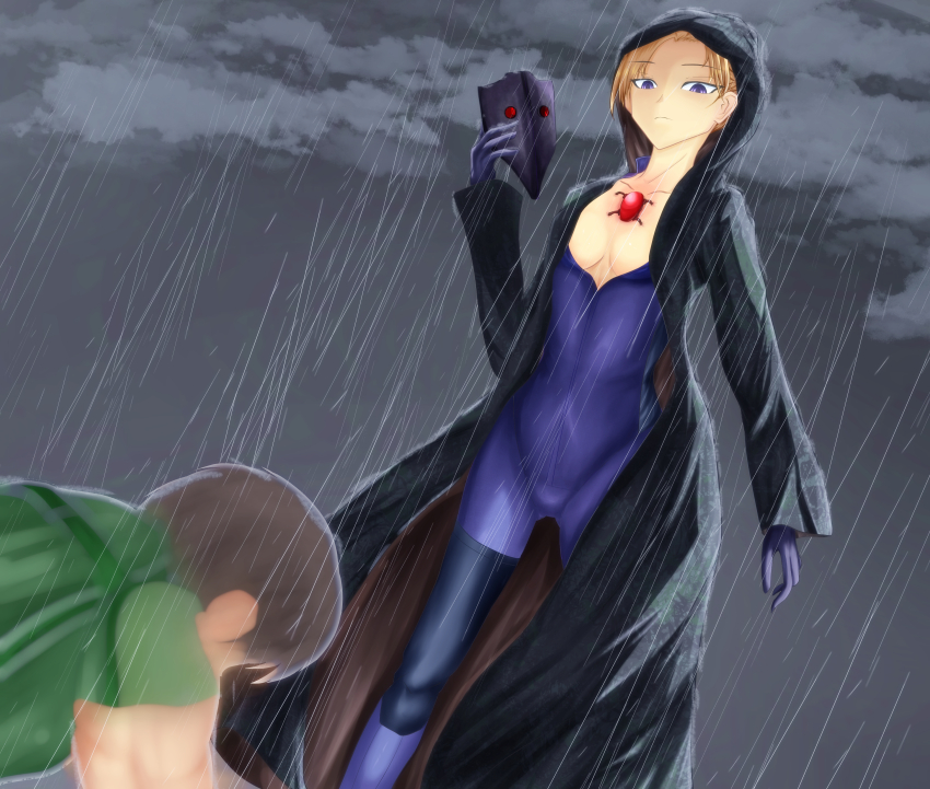 blonde_hair blue_eyes bodysuit capcom chris_redfield cleavage coat collarbone empty_eyes expressionless femsub jill_valentine mask outdoors p30 resident_evil resident_evil_5 tech_control water wet wet_clothes yakinegi_hoshibito