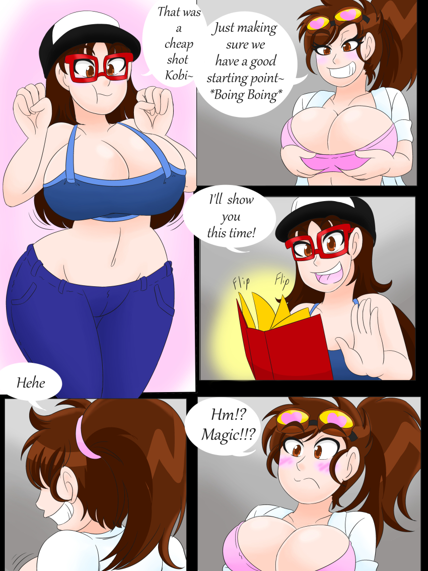 book brown_hair cleavage comic dialogue glasses goggles goggles_on_head hair_growth hat jeans kobi94 lab_coat large_breasts magic midriff ponytail speech_bubble tank_top transgender