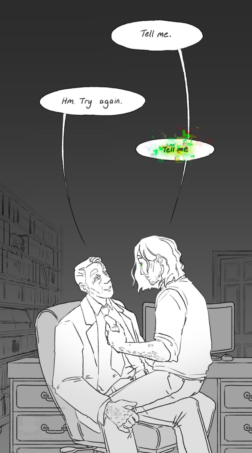 chair clothed consensual elias_bouchard glowing_eyes hauntedteacups jonathan_sims male_only maledom malesub pants resisting sitting sitting_on_lap speech_bubble the_magnus_archives yaoi