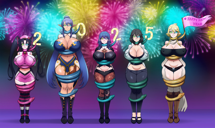 absurdres akame_ga_kill! black_hair blonde_hair bow_tie byleth_eisner cleavage coils elf_ears erect_nipples_under_clothes female_only femsub fire_emblem fire_emblem_three_houses fireworks green_hair happy_trance hat high_school_dxd huge_breasts infinite_stratos judith_(tales) kaa_eyes leone midriff multiple_girls multiple_subs navel new_years nintendo orimura_chifuyu purple_background purple_hair serafall_leviathan shinzu short_hair simple_background skirt smile snake standing tales_of_(series) tales_of_vesperia text thighhighs twintails very_long_hair