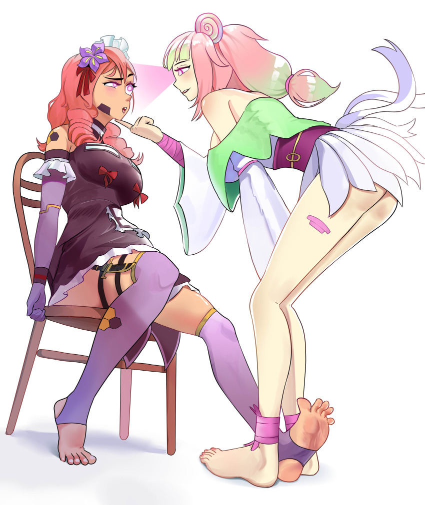 asymmetrical_eyelids chin_hold feet female_only femdom femsub glatu hypnotic_eyes mara_vespidae multicolored_hair multiple_girls resisting sitting stirrups stronny_cuttles tagme thighhighs vallure virtual_youtuber