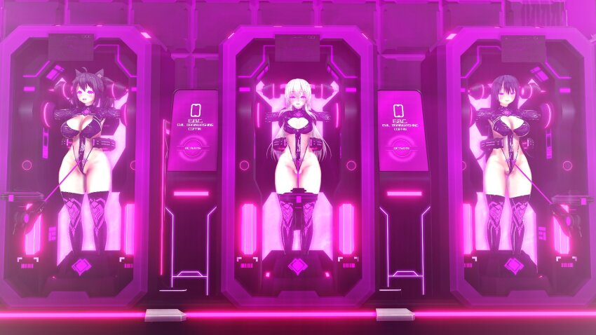 3d ahoge bangs beam black_hair blush boots brain_drain breasts cleavage corruption crotch_tattoo custom_maid_3d_2 drool esther_r18 female_only femsub glowing_eyes happy_trance large_breasts leotard long_hair monitor multiple_girls multiple_subs open_mouth original pink_eyes restrained see-through silver_hair smile solcienne_(esther_r18) sweat tattoo tears text thick_thighs thigh_boots thighhighs twintails very_long_hair wide_hips