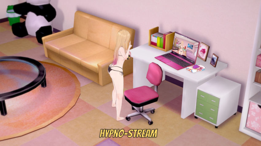 3d ass bikini blush breasts camera chair collar complex_background computer english_text female_only femsub floral_print flower hourglass_figure koikatsu! large_breasts long_hair marin_kitagawa midriff multicolored_hair my_dress-up_darling navel sequence smile solo sugus table text v wink