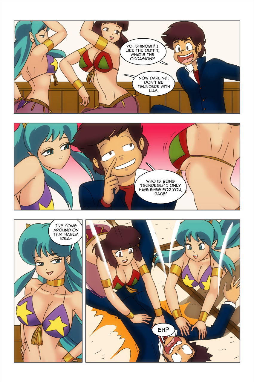 assertive_sub ataru_moroboshi border bracelet breasts brown_eyes brown_hair cleavage comic dialogue english_text green_eyes green_hair hand_on_hip harem_outfit large_breasts long_hair lum midriff multiple_girls navel see-through shinobu_miyaki short_hair smile text urusei_yatsura wadevezecha