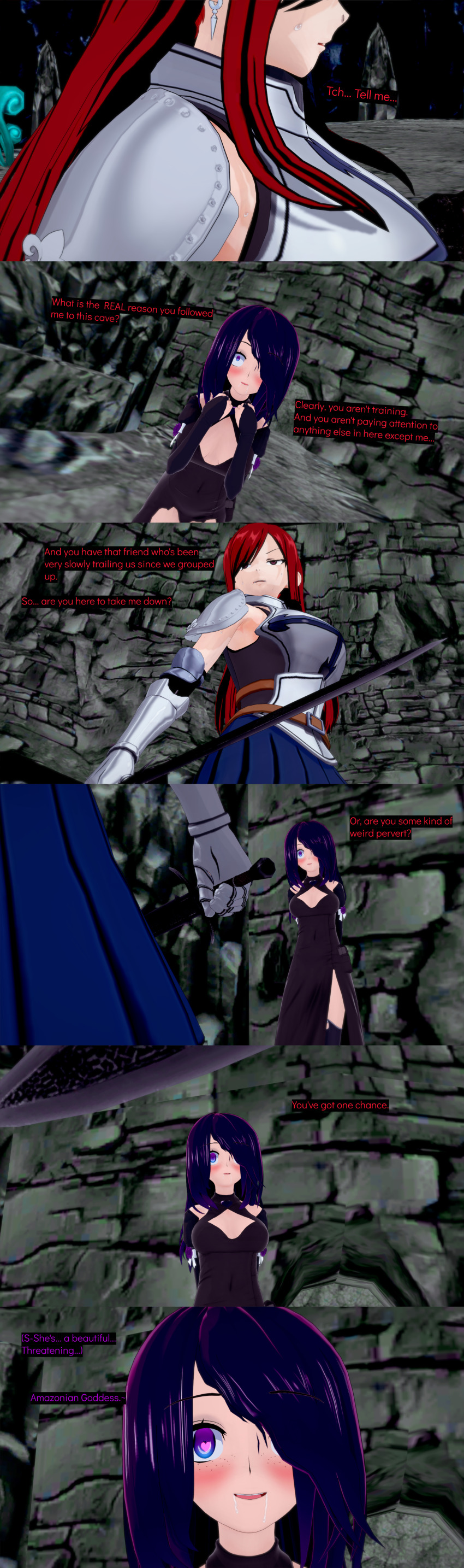 absurdres armor aware black_hair blue_eyes blush cyanstargazer dialogue drool english_text erza_scarlet fairy_tail female_only freckles hair_covering_one_eye heart heart_eyes long_hair multicolored_eyes multiple_girls purple_eyes red_eyes red_hair sweat sword symbol_in_eyes text weapon