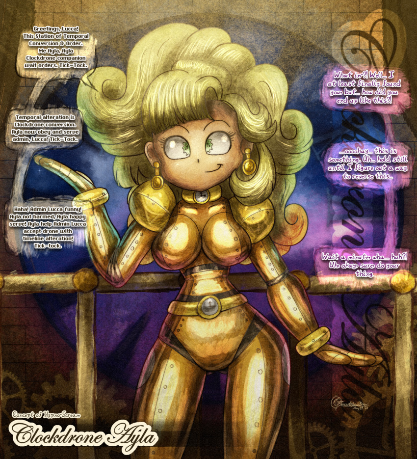 altered_common_sense ameerashourdraws ayla belt blonde_hair bodysuit bracelet choker chrono_trigger clock complex_background dronification earrings female_only female_pov femsub green_eyes happy_trance hypnotized_hypnotist jewelry large_breasts long_hair pov pov_sub robotic_trance shoulder_pads smile solo symbol_in_eyes text tick-tock_saying tight_clothing time_travel