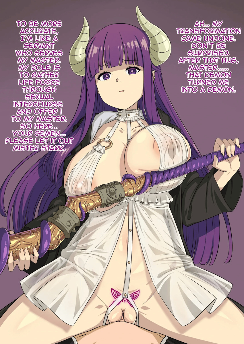 babydoll crotch_tattoo demon_girl femsub fern_(frieren:_beyond_journey&#039;s_end) frieren:_beyond_journey&#039;s_end gozaru happy_trance horns large_breasts long_hair purple_hair sex text