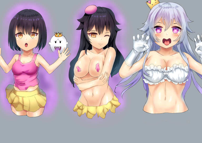 absurdres aged_up alternate_hairstyle aura bare_shoulders black_hair bon! booette bra breast_expansion breasts character_request cleavage clothed crossed_arms crown eye_color_change femsub ghost gloves grey_background hair_color_change happy_trance heart heart_eyes hypnotic_smoke identity_swap king_boo large_breasts looking_at_viewer maledom midriff navel nintendo one_eye_open open_mouth sequence sharp_teeth shirt short_hair simple_background skirt smoke super_crown super_mario_bros. symbol_in_eyes tongue tongue_out transformation very_long_hair white_hair yellow_eyes