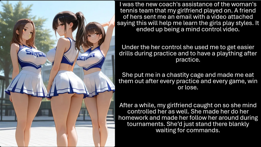 ai_art chastity cheerleader femdom malesub manip pov_sub skirt standing_at_attention text