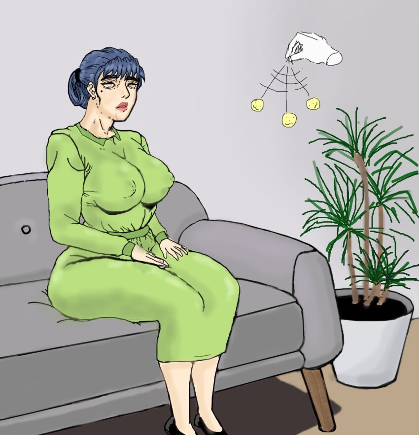 blue_hair clothed coin drool empty_eyes femsub milf sitting thick_thighs windomearle