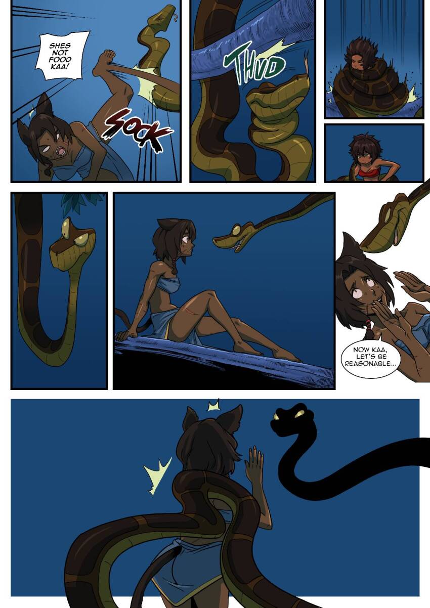 angry bagheera cat_ears cat_girl cat_tail coils comic dark_skin ewder genderswap jungle kaa mowgli sleeping snake tail the_jungle_book