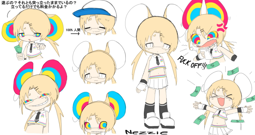 angry animal_ears blonde_hair chibi evil_smile femdom financial_domination glasses glowing_eyes hat hypnosync money nezzie_(hypnosync) phone rat_girl reference_sheet seiro smug spiral_eyes tagme tie translated white_background white_eyes