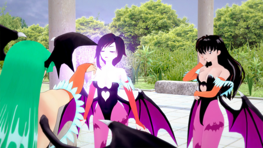 3d brown_hair capcom darkstalkers femdom femsub green_hair happy_trance inuyasha_(series) kagome_higurashi long_hair morrigan_aensland ruby_rose rwby short_hair sonrio12