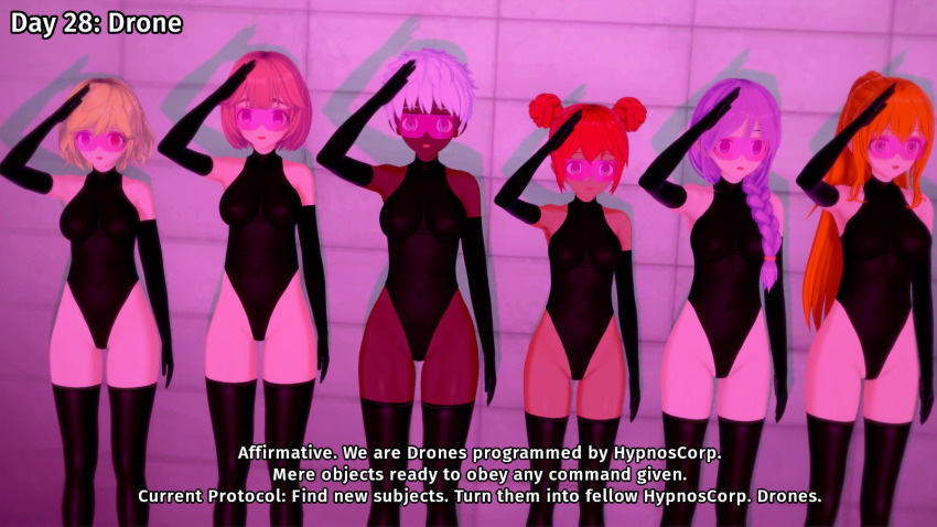 3d amber_(liz_b) blonde_hair blue_eyes braid dark_skin drone dronification empty_eyes english_text expressionless freckles gloves green_eyes hailey_(liz_b) hypnovember julie_(liz_b) koikatsu! latex latina leotard liz_(liz_b) liz_b mole orange_eyes orange_hair original pink_eyes pink_hair ponytail purple_hair saluting standing_at_attention tan_skin text thighhighs veronica_(liz_b) visor white_hair willow_(liz_b)