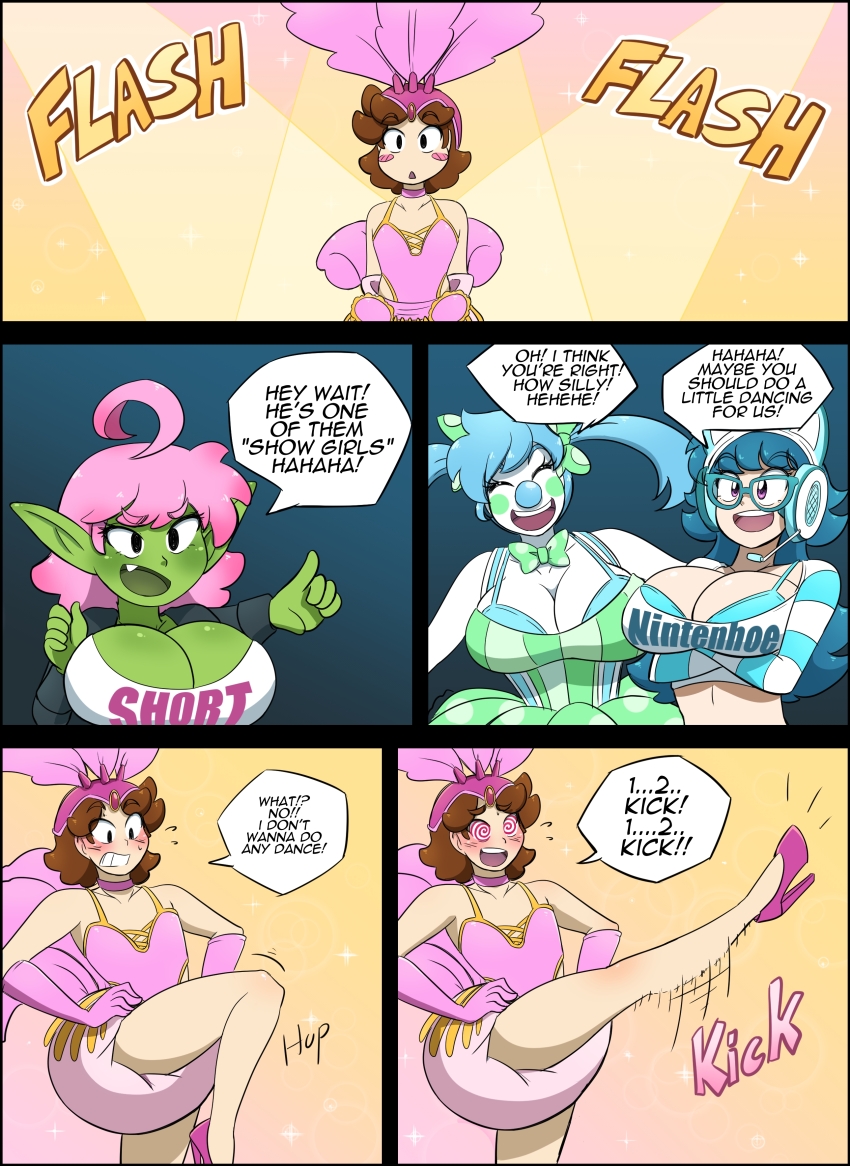 blue_hair body_control brown_hair cleavage clown_girl comic dancing diaper dress elf_ears glasses goblin green_skin headphones high_heels kobi94 large_breasts pink_hair poofy_diaper short_hair shortstack showgirl speech_bubble spiral_eyes text twintails white_skin