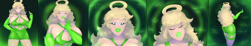 ass blonde_hair blue_eyes femdom green_lipstick hypnotic_kiss large_breasts lipstick lipstick_mark original sauce-guy text trippy_(trippy)