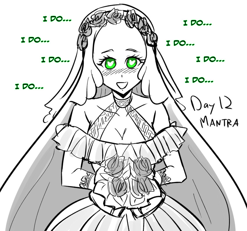 blush bouquet bridal_veil choker cleavage cleavage_cutout clothed collarbone cuffs female_only femsub flower flower_crown glowing_eyes green_eyes happy_trance heart heart_eyes hypnovember juani_cygnus majinsfw mantra metaphor:refantazio simple_background skirt smile solo text very_long_hair wedding_dress white_background