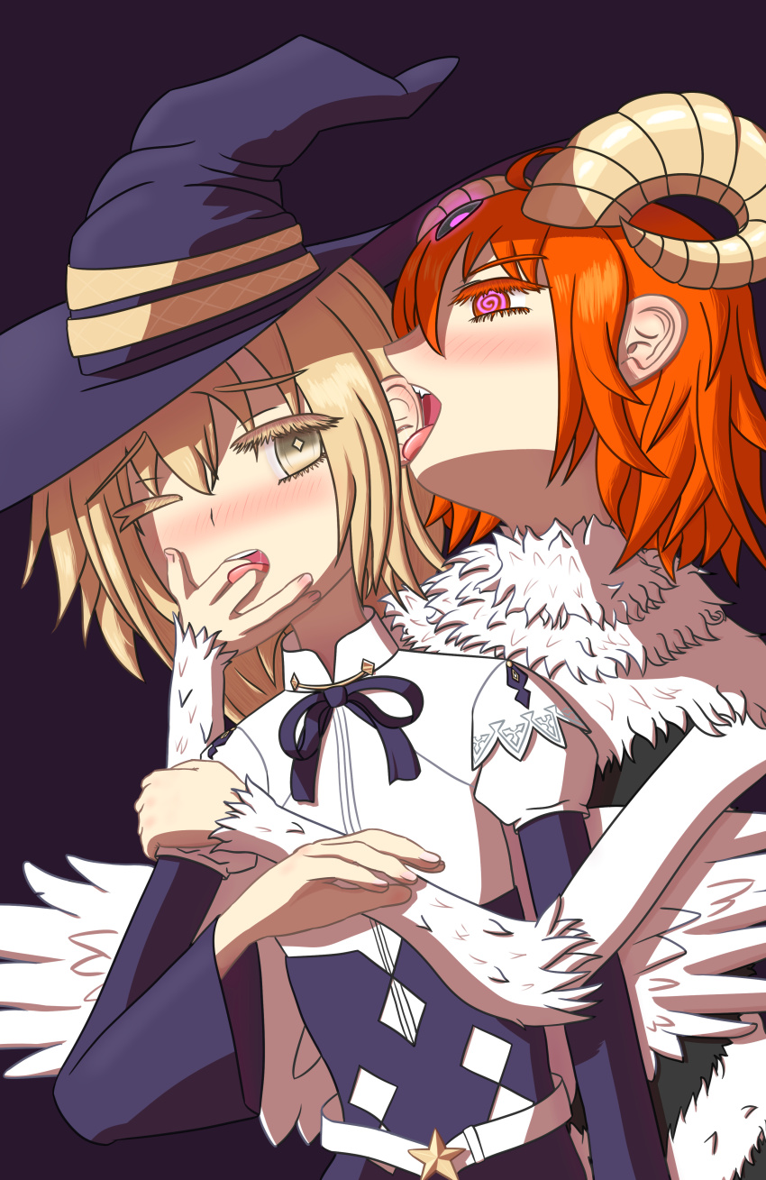 absurdres androgynous_dom blonde_hair corruption eldritch eye_color_change fate/grand_order fate_(series) femsub glowing_eyes halloween hat horns hypnotized_dom jeanne_d&#039;arc_(fate) licking maledom metatron metatron_jeanne noise_chimera orange_hair pink_eyes possession purple_background ritsuka_fujimaru_(female) shub-niggurath simple_background spiral_eyes sub_on_sub third_eye witch_hat yellow_eyes yuri